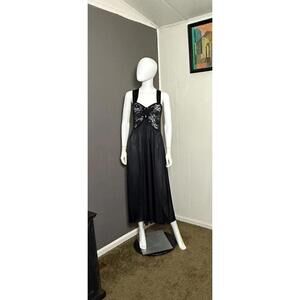 1970's Black Lacy Nightgown Keyhole Neck Full Sweep size L-XL